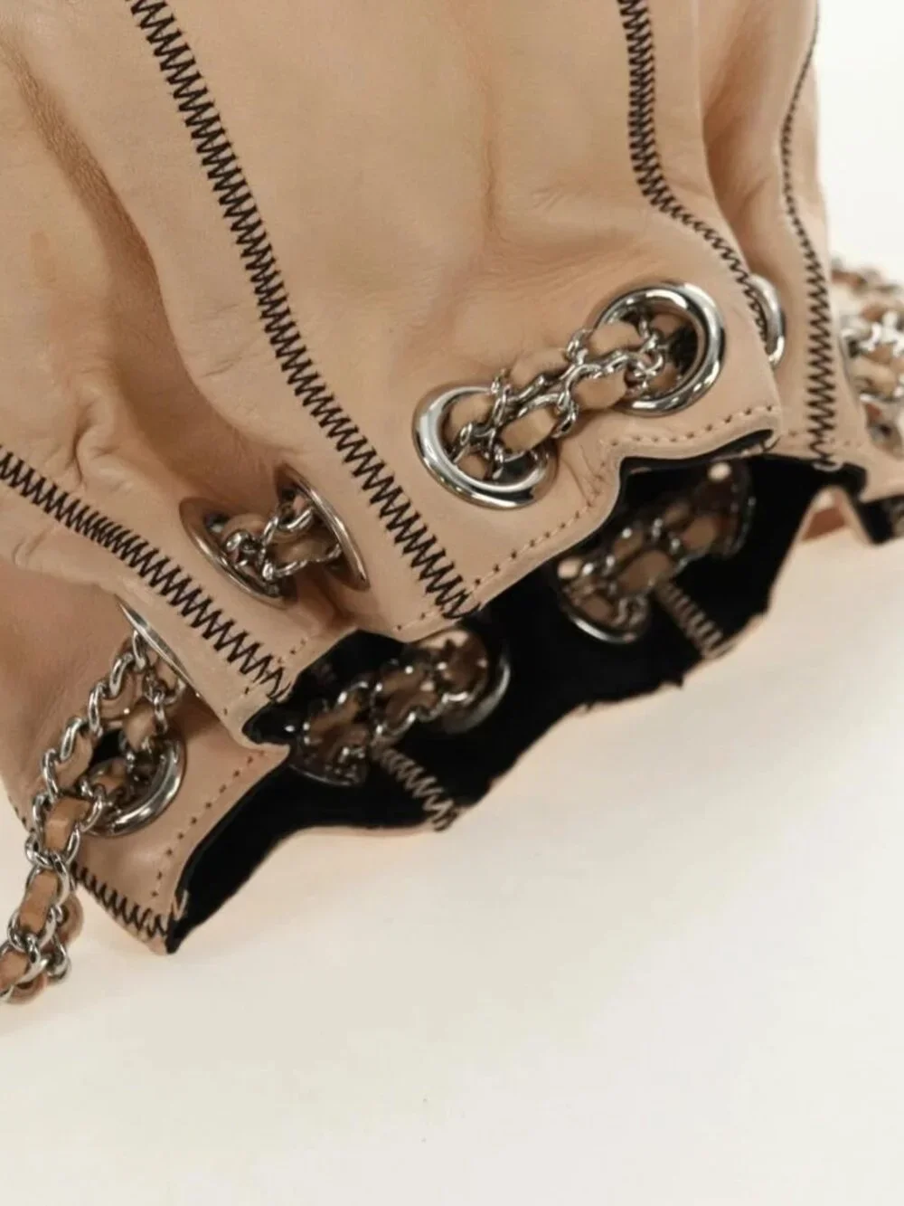 CHANEL Chain Purse Hand Bag Lamb Skin Beige Silver CC Auth bs35366V
